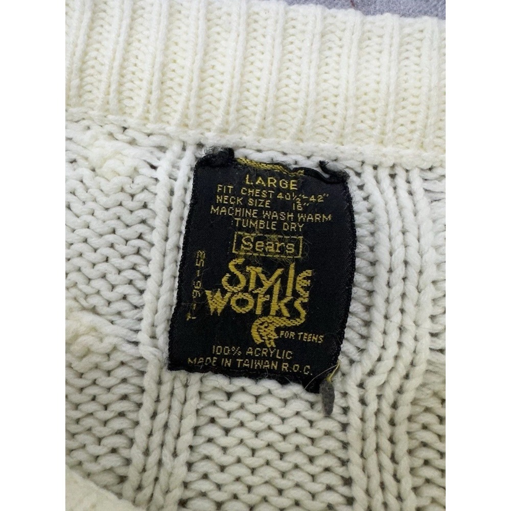 VTG 80s Sears Style Works Cable Knit Cream Sweater / Men's Size Large - Picture 2 of 7